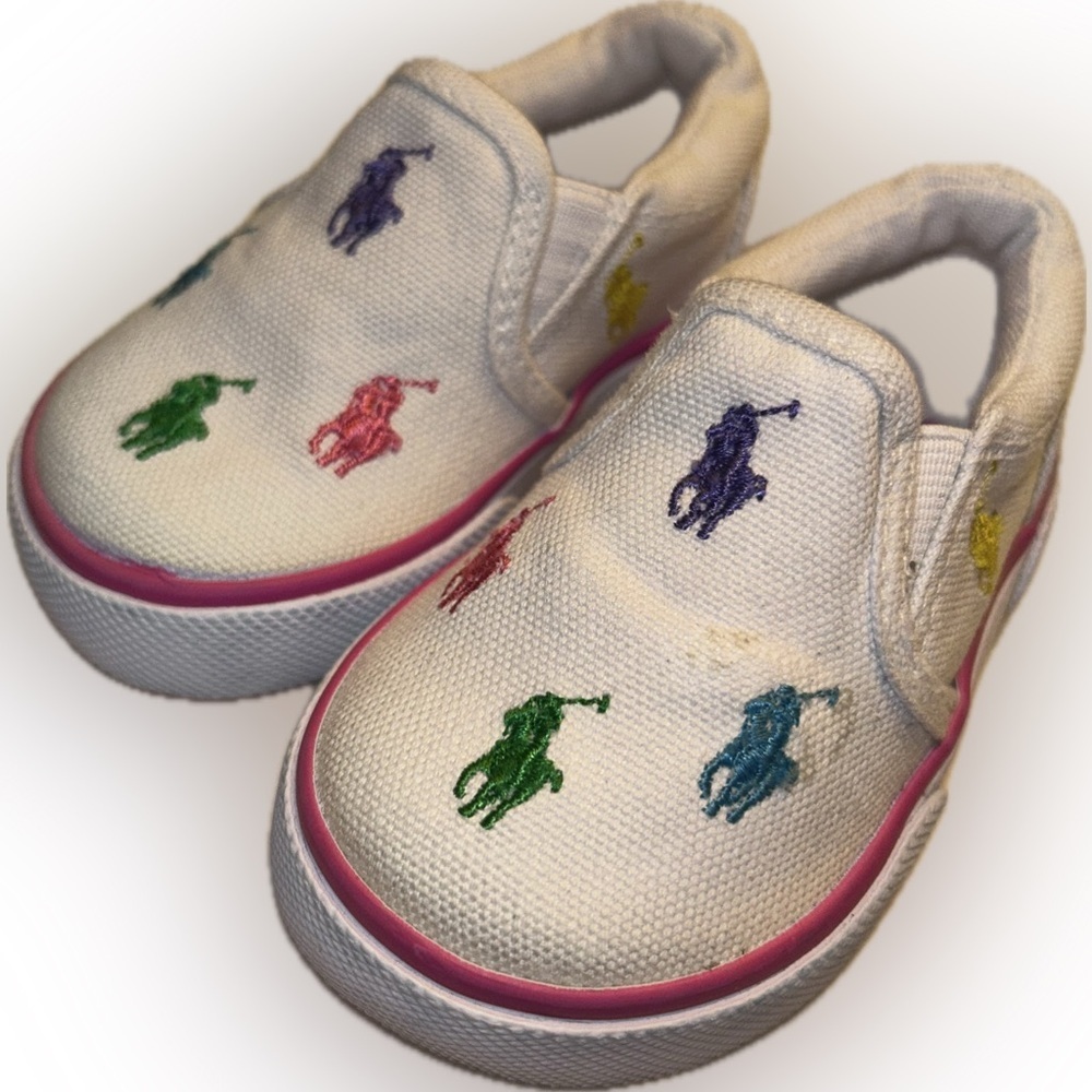 Polo Ralph Lauren Toddler White Canvas Slip-On Sneakers Colorful Pony Logos 3